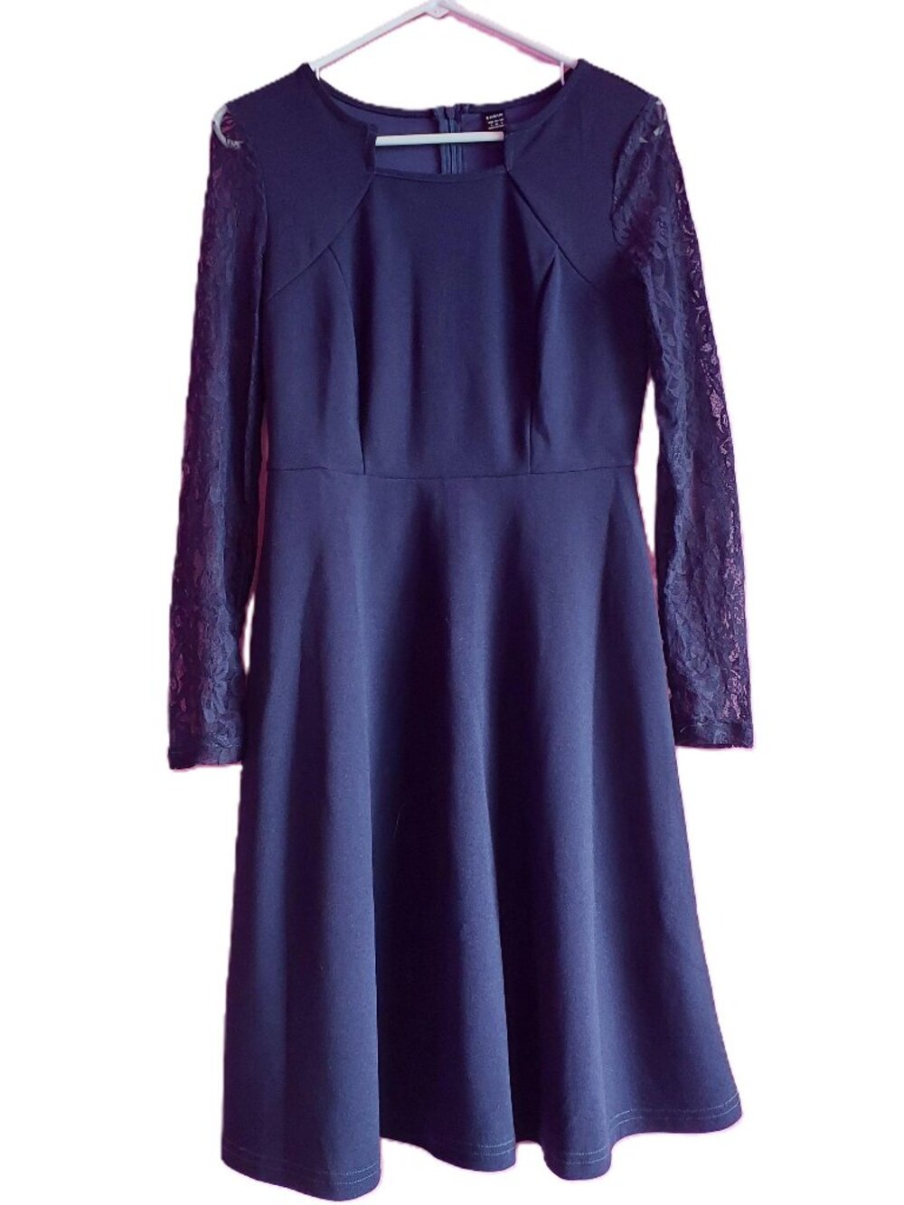 Navy Blue Long Sleeves Laced Knee Length Dress. Small.